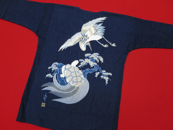 送料無料】鶴亀（むら染め・藍紺）鯉シャツ（ダボシャツ）義若オリジナル